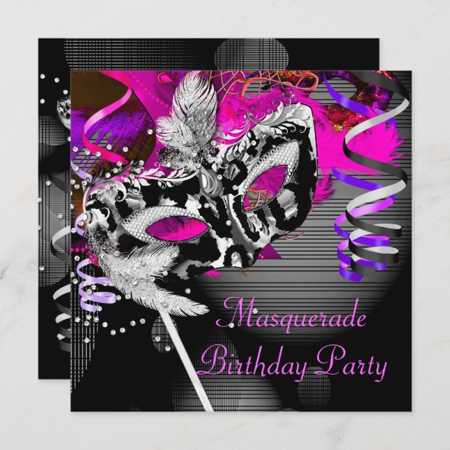 Geburtstag Masquerade Party Maske Silber Rosa 2 Einladung (Vorne/Hinten)
