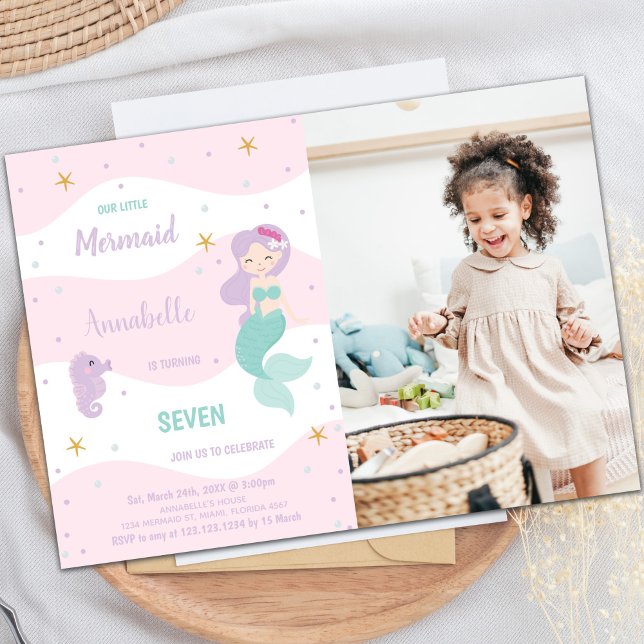 Geburtstag Meerjungfrau Einladung mit Foto (Seven Mermaid Birthday Invitations with photo)