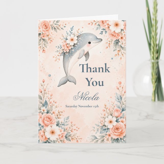 Geburtstag mit floralem Delfin Dankeskarte (Vorderseite)