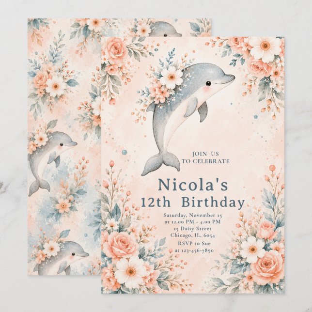Geburtstag mit floralem Delfin Einladung (Vorne/Hinten)