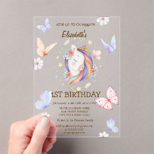 Geburtstag mit floralen Einhörnern und Schmetterl Acryleinladungen