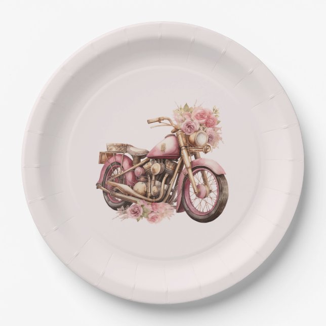 Geburtstag mit rosa floralem Motorrad Pappteller (Vorderseite)
