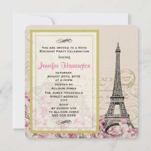 Geburtstag mit Vintage-Eiffelturm und rosa Blumen Einladung