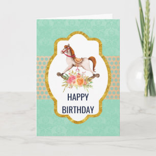 Geburtstag mit Vintage-Schaukelpferd und Blumenstr Karte