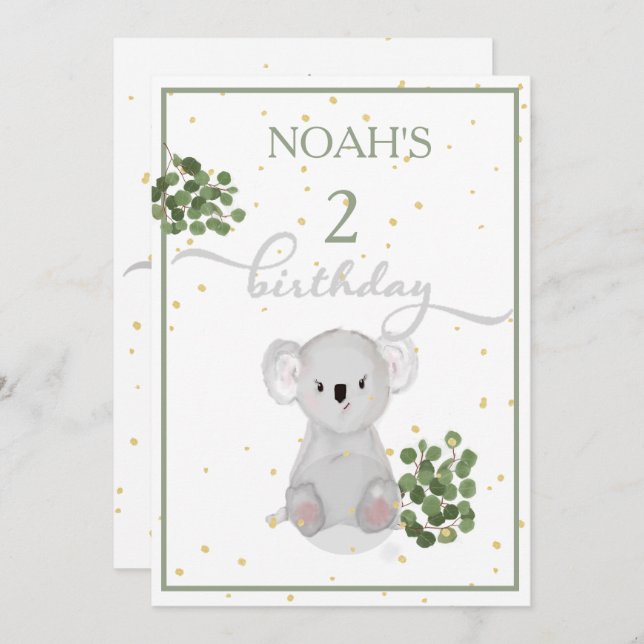 Geburtstag Niedlich Koala Green Blätter Gold Gold Einladung (Vorne/Hinten)