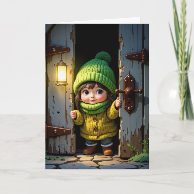 Geburtstag Niedlich Munchkin durch eine alte Tür Karte (Vorderseite)