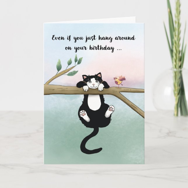 Geburtstag Niedliche Katze mit Vögeln herumhängen Karte (Vorderseite)