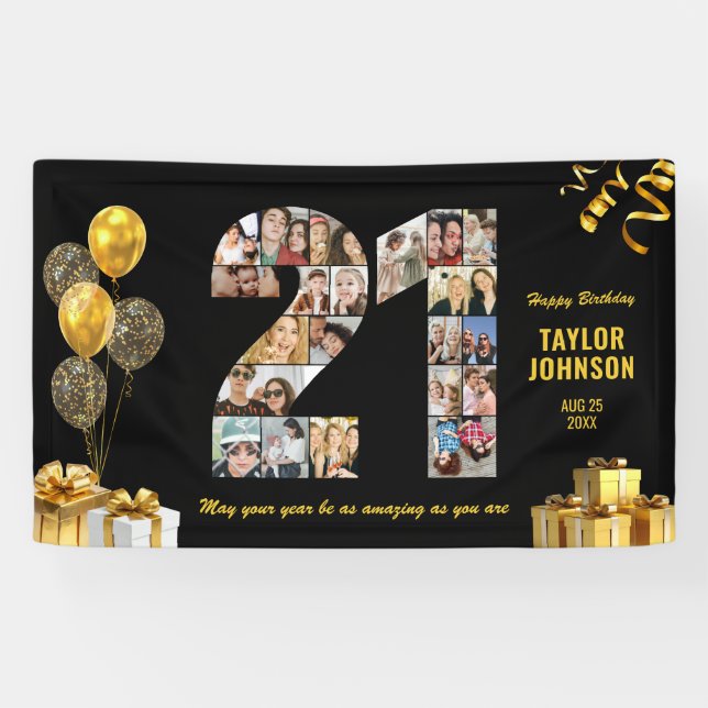 Geburtstag Nummer 21 Foto Collage Schwarz Gold Banner (Horizontal)