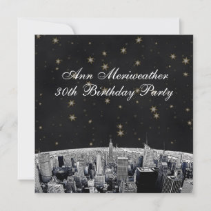 Geburtstag NYC geätzte Skyline Schwarz Gold Sterne Einladung