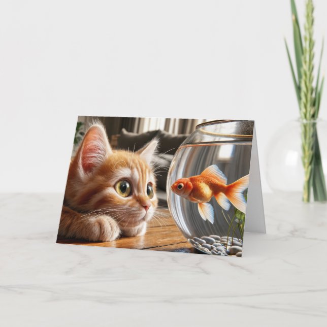 Geburtstag Orange Tabby Staring bei Goldfish Karte (Vorderseite)