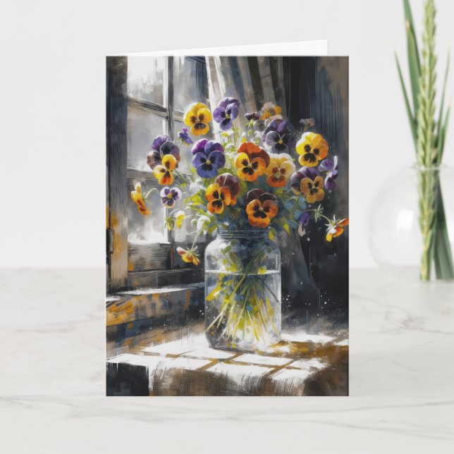 Geburtstag Pansy Bouquet in Glass Jar Karte (Vorderseite)