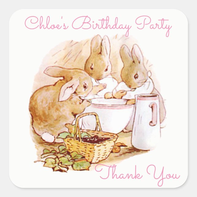 Geburtstag, Party Beatrix Potter, kundenspezifisch Quadratischer Aufkleber (Vorderseite)