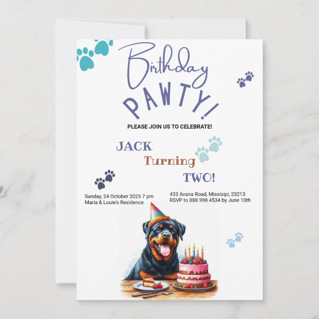Geburtstag Pawty Rottweiler Hund individuell Gebur Einladung (Vorderseite)