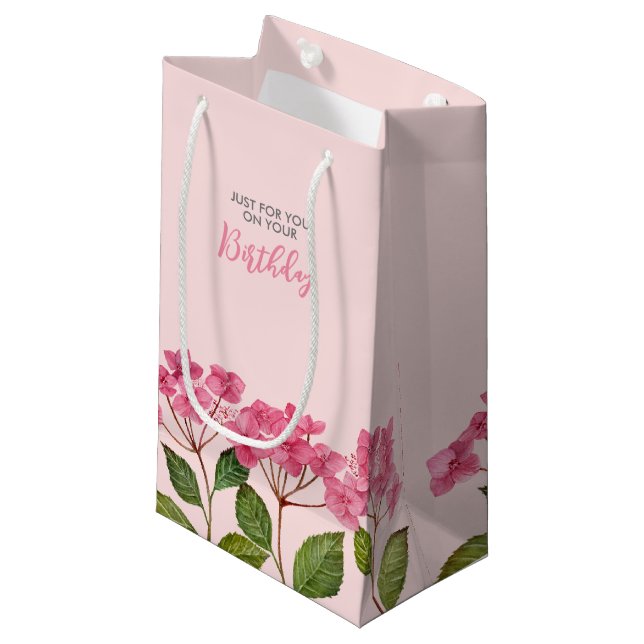 Geburtstag Pink Hydrangea Lacecaps Illustration Kleine Geschenktüte (Vorderseite Schrägansicht)