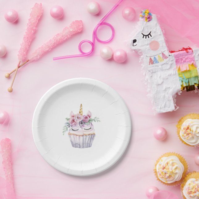 Geburtstag Pinkes Einhorn Blumiger Cupcake Pappteller (Party)