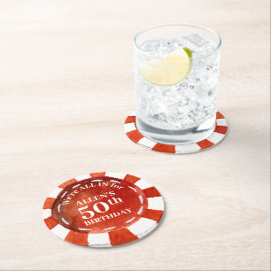 Geburtstag Poker Chip Red White Personalisiert Runder Pappuntersetzer
