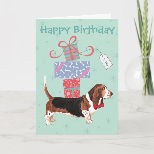 Geburtstag präsentiert Basset Hound Karte (Vorderseite)