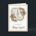 Geburtstag Religiöse Gottesmutter von Fatima Jungf Karte<br><div class="desc">Mit einem wunderschönen religiösen Brauch-Design-Vintage-Bild der gesegneten Jungfrau Unsere Frau von Fatima mit Vintag rosa Rosen und einem Vintagen BIRTHDAY GREETINGS Overlay.</div>