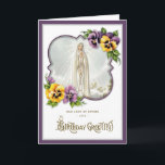Geburtstag Religiöse Gottesmutter von Fatima Jungf Karte<br><div class="desc">Mit einem wunderschönen religiösen Brauch entworfenen Vintage-Bild der gesegneten Jungfrau Unsere Frau von Fatima mit Stiefmütterchen und einem Vintagen BIRTHDAY GREETINGS Overlay. Im Inneren ist ein Vintages Blumenbild von Stiefmütterchen und dem heiligen Rosenkranz.</div>