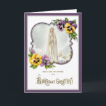 Geburtstag Religiöse Gottesmutter von Fatima Jungf Karte<br><div class="desc">Mit einem wunderschönen religiösen Brauch entworfenen Vintage-Bild der gesegneten Jungfrau Unsere Frau von Fatima mit Stiefmütterchen und einem Vintagen BIRTHDAY GREETINGS Overlay. Im Inneren ist ein Vintages Blumenbild von Stiefmütterchen und dem heiligen Rosenkranz.</div>