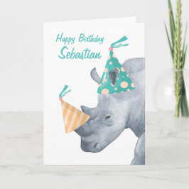 Geburtstag Rhino mit Party Hut auf Horn Personalis Karte
