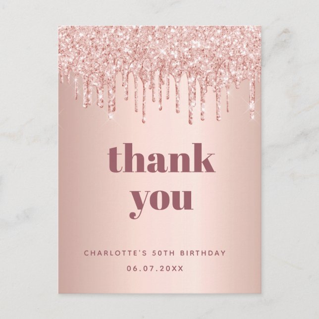 Geburtstag Rose Gold Glitzer vielen Dank Postkarte (Vorderseite)