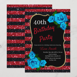 Geburtstag Rot Schwarz Streifen Glitter Blaue Rose Einladung