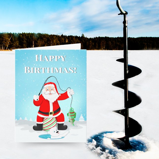 Geburtstag Santa Ice Fischen mit Polar Bären Karte (Santa and a polar bear ice fishing: the perfect whimsical birthday card!)