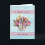 Geburtstag, Schritt-Tochter, bunte Blumen in einem Karte<br><div class="desc">Ein Korb der bunten Blumen einschließlich die roten und gelben Rosen, Gänseblümchen, Gartennelken und grüner Farn machen ein sehr nettes weiches Blumenbild für diese Geburtstagskarte für eine Schritt-Tochter. Ein rosa Band wird auf dem Korb gebunden. Zwei rosa Fahnen stellen den Hintergrund für den Text zur Verfügung. Der Innere-Vers ist eine...</div>