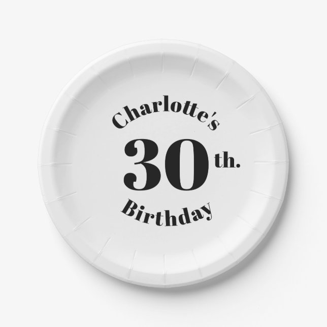 Geburtstag Schwarz-weißer individuelle Name Nummer Pappteller (Vorderseite)