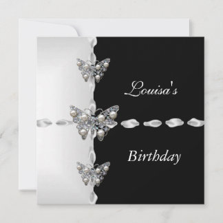 Geburtstag Schwarz-weißes Silver Pearl Butterfly P Einladung
