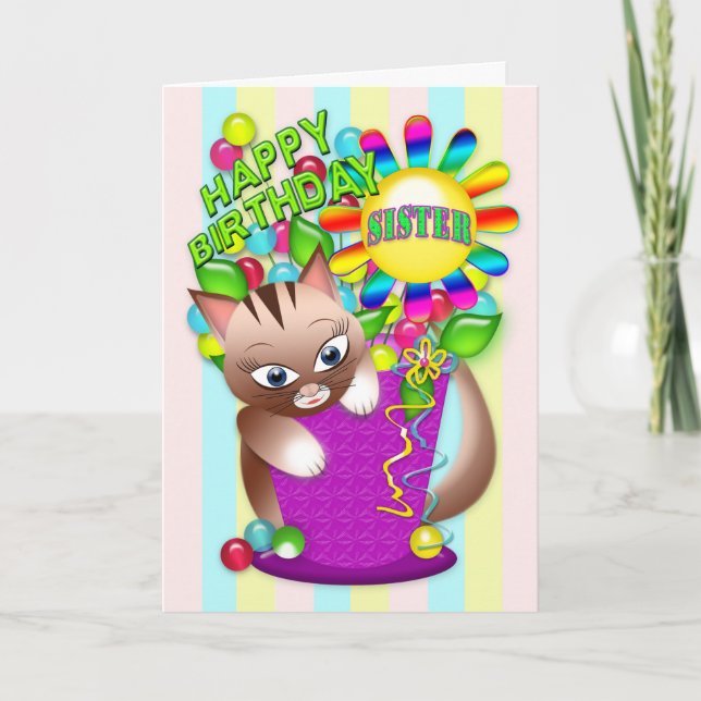 Geburtstag - Schwester - Kitty Cat Celebrating Karte (Vorderseite)