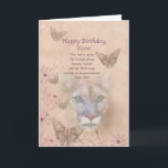 Geburtstag, Schwester, Puma und Schmetterlinge Karte<br><div class="desc">Die stabilen grünen Augen eines Pumas starrt aus einem Hintergrund des gedämpften Pfirsiches und des Rosas heraus an. Schmetterlinge und Blumen verzieren den Rand des Bildes. Mit den Hauptteilen des Bildes verblaßte in den Hintergrund, ist die Gesamterscheinung weich und träumerisch, die im Gegensatz zu der Wildheit der großen Katze ist....</div>