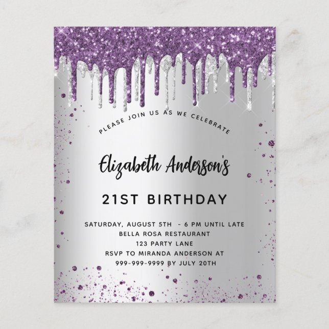 Geburtstag Silber lila Glitzer Einladung Flyer (Vorne)