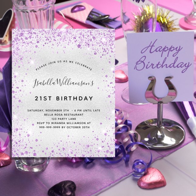 Geburtstag Silber lila Glitzer Einladung Flyer (Von Creator hochgeladen)