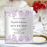 Geburtstag Silberner Glitzer lila Einladung<br><div class="desc">Eine moderne,  stilvolle und glamouröse Einladung für die 30. (oder jedes Alter) Geburtstagsfeier einer Frau. Ein Imitat silber metallisch aussehender Hintergrund mit lila Imitaten Glitzer Tropfen,  Farbe Tropflook. Der Name ist mit einem schwarzen,  modernen Handschrift geschrieben. Personalisieren und fügen Sie Namen,  Alter und Party Details hinzu.</div>