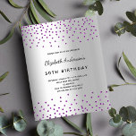 Geburtstag Silberner Glitzer lila Einladung<br><div class="desc">Eine moderne,  stilvolle und glamouröse Einladung für die 30. (oder jedes Alter) Geburtstagsfeier einer Frau. Ein Imitat silber metallisch aussehender Hintergrund mit lila Imitaten Glitzer fällt. Der Name ist mit einem schwarzen,  modernen Handschrift geschrieben. Personalisieren und fügen Sie Namen,  Alter und Party Details hinzu.</div>