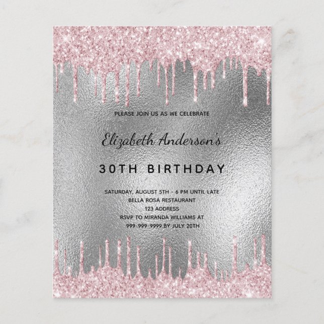 Geburtstag Silberner Glitzer Rosa Einladung (Vorderseite)