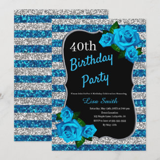 Geburtstag Silver Blue Stripes Glitzer Blau Rose Einladung