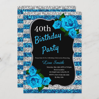 Geburtstag Silver Blue Stripes Glitzer Blau Rose Einladung