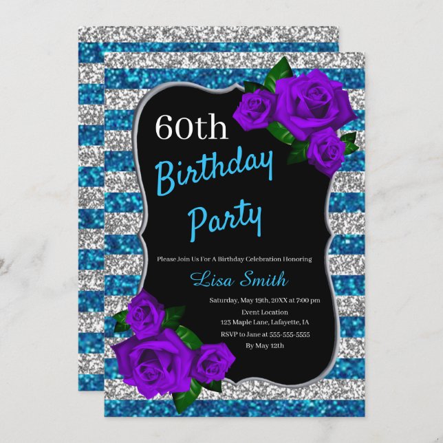 Geburtstag Silver Blue Stripes Glitzer Lila Rose Einladung (Vorne/Hinten)