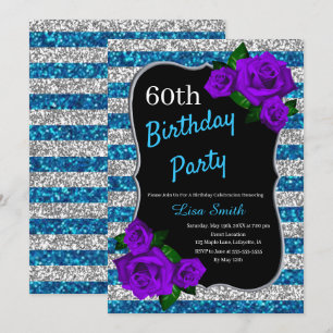 Geburtstag Silver Blue Stripes Glitzer Lila Rose Einladung