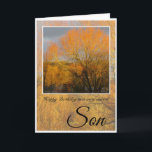 Geburtstag, Special Son, Sunkissed Winter Bäume. Karte<br><div class="desc">Herzlich willkommen zum Geburtstag Special Son mit Bäumen im Winter rund um einen See,  der gegen orangefarbenes Sonnenlicht reflektiert. Im Text heißt es: (Draußen)Glücklich Geburtstag zu einem ganz besonderen Sohn(Inside) Sie verdienen heute jedes Glück.</div>
