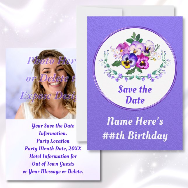 Geburtstag, Speichern Sie die Datumskarten mit FOT Einladung (Pansy Birthday. Personalized, Save the Dates. Floral Save the Date Cards. Purple Save the Date Cards)