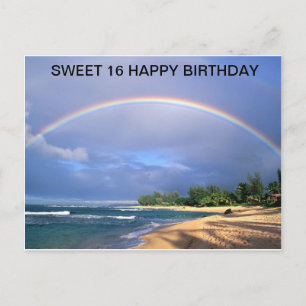 Geburtstag/ Süße 16/ Regenbogen über Strand Postka Postkarte
