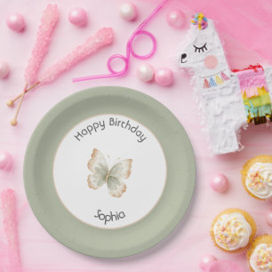 Geburtstag Tan Creme Grüner Schmetterling Pappteller