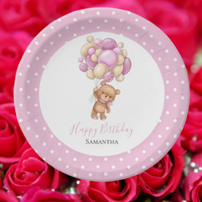 Geburtstag Teddy Bär Girl Balloons Pink Dots Pappteller (Celebrate our little teddy's special day with love and joy! )