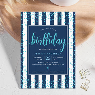 Geburtstag Türkis Schrift Glitter Punkte Navy Weiß Einladung