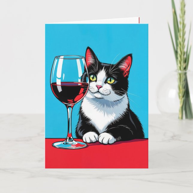 Geburtstag Tuxedo Katze mit Rotwein Karte (Vorderseite)