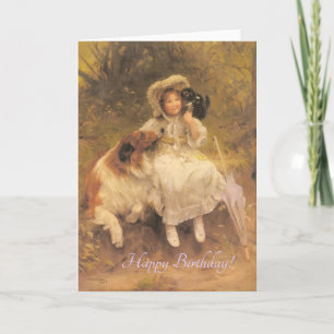 Geburtstag, Vintage Kind mit Collie und Kätzchen Karte